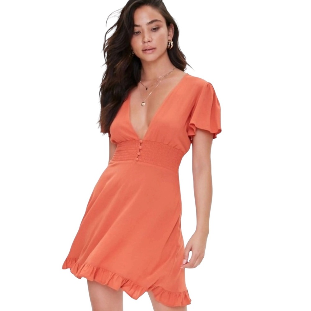 Forever21 Boho Mini Sun Dress Flutter Sleeve Smocked Waist Orange Size Small NWT